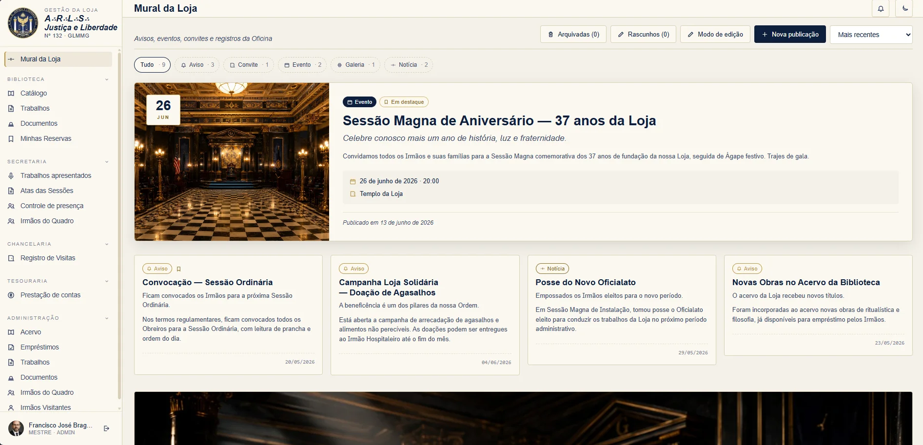 Mural da Loja — feed de avisos, eventos e convites